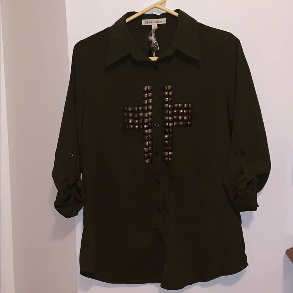 Button Down Green Cross Studded Shirt - Picture 1 of 2